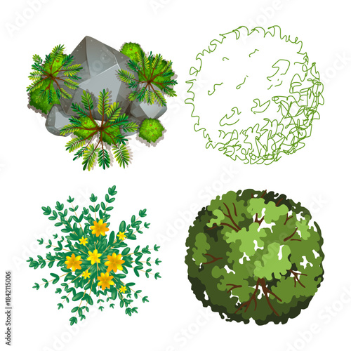 Collection of various green leafy plants and flowers in different styles and shapes on