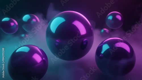 Abstract Spheres Floating in Neon Smoke.