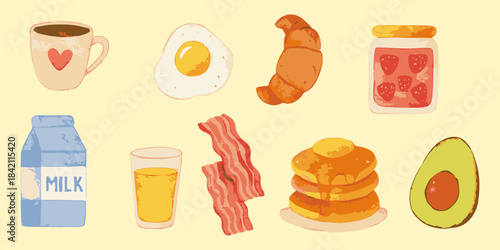 Illustrated Breakfast Icons Coffee, Eggs, Pancakes & More