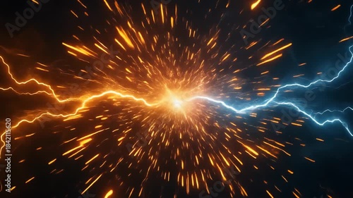 Fiery Clash of Orange and Blue Lightning Bolts.