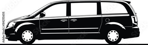 Black and White Monochrome Vector Drawing of a Minivan or Passenger Van Side View Silhouette Isolated on a Clean White Background