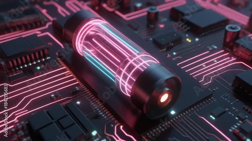 Futuristic Circuit Board with Glowing Energy Core.