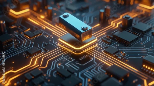 Futuristic Circuit Board with Glowing Orange Lines and Central Chip.