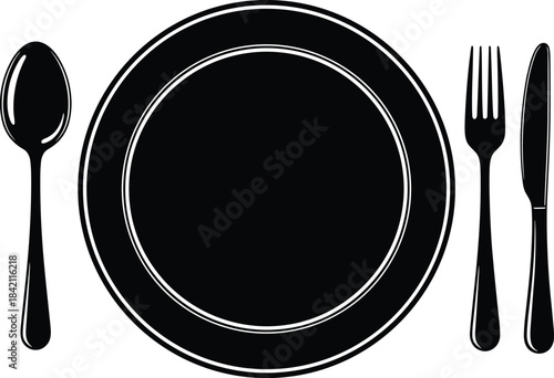 Black Silhouette of a Formal Dinner Plate, Fork, Spoon, and Knife Setting for Restaurant, Catering, or Dining Etiquette Vector Graphic