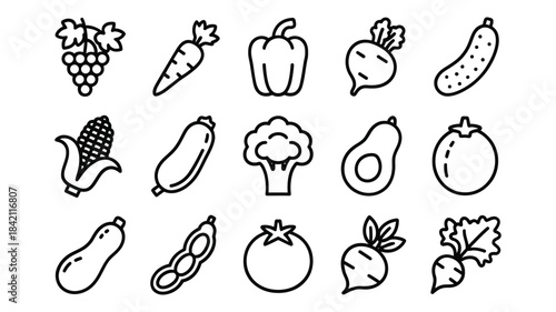 Fresh Vegetable and Fruit Icon Set - Minimalist Black Outline Vector Collection for Food, Healthy Diet and Grocery Design