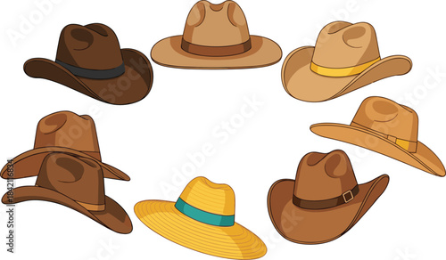 A comprehensive vector collection of seven stylish cowboy hats and sombreros in various shades of brown and beige, representing western culture, country music, and rodeo fashion accessories