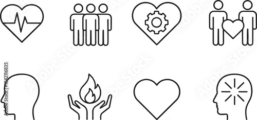 A comprehensive vector icon set featuring health, mental wellness, relationships, community, and energy symbols, perfect for medical, psychological, and social well-being applications and websites