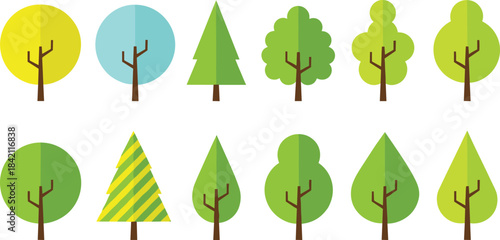 A comprehensive vector set featuring twelve different stylized flat trees, including coniferous and round canopy designs, perfect for landscape architecture, map elements, and natural park graphics
