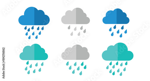A colorful vector set of six flat-style rain cloud icons with raindrops in various shades of blue and gray, representing weather, season, and atmospheric phenomena concepts