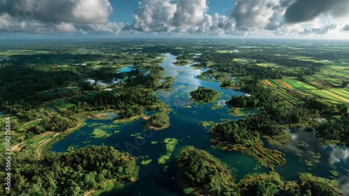 Aerial view of serene river landscape with lush greenery