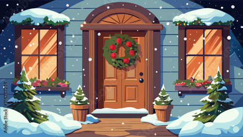 Christmas house exterior decorated with wreath