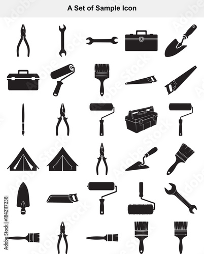 Versatile collection of work tools and outdoor gear icons for home repair and adventurous projects