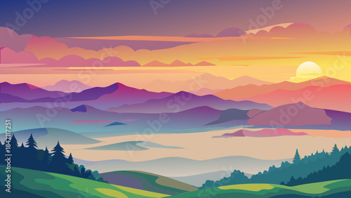 Mountain landscape illustration at sunrise