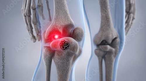 Medical illustration of a knee joint with highlighted pain and bone structure