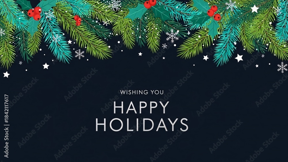 Obraz premium Title: Happy Holidays Greeting with Evergreen Branches and Snowflakes – Transparent Background