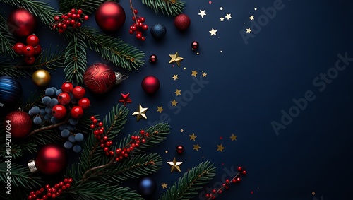 Elegant Christmas Border with Pine Boughs, Ornaments, and Gold Stars on Navy Blue Background