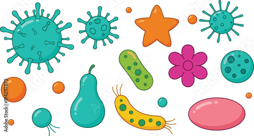 A vibrant and playful cartoon vector collection of various germs, bacteria, and virus cells, perfect for children's educational materials, health campaigns, and medical illustrations