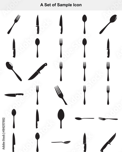 Diverse collection of common kitchen and dining utensils presented as black silhouette icons