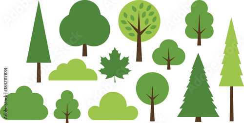 Flat Design Forest and Park Trees Vector Illustration Set: Diverse Collection of Simple Green Icons Including Deciduous, Coniferous, and Maple Shapes for Eco, Nature, or Environment Projects