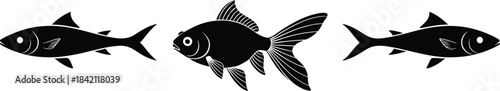 A black silhouette vector illustration showcasing three distinct fish varieties, including a detailed goldfish, representing aquatic diversity and pet or marine life