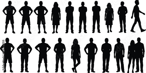 Large Collection of Black Silhouettes of Diverse People in Casual Attire Standing and Posing, Representing Generic Adults Vector Graphic Set