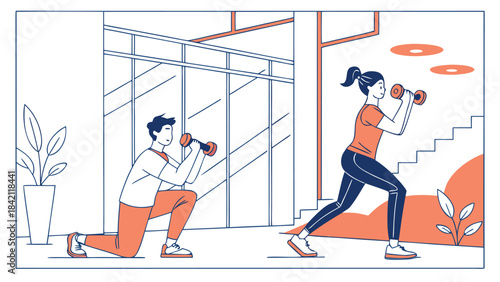 People performing lunges and squats with weights