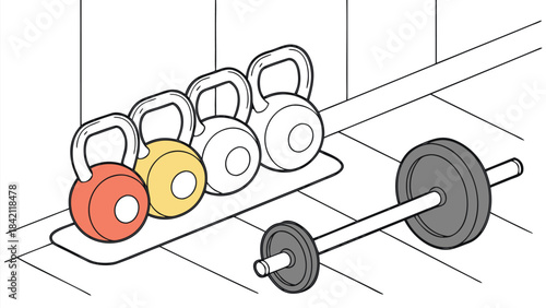 Strength training equipment kettlebells and barbell setup