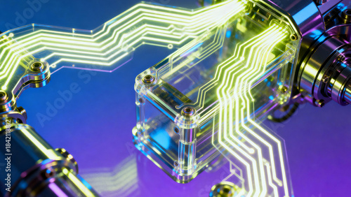 Advanced electronic circuit with glowing pathways and metallic components