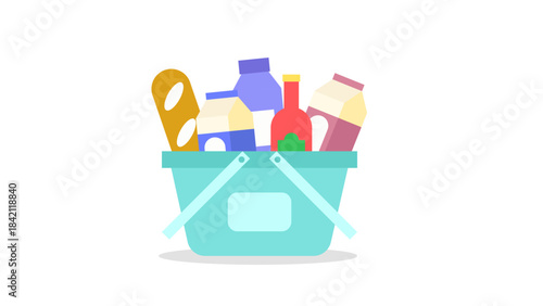 Flat Design Illustration of Full Grocery Shopping Basket