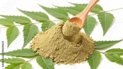 A close-up shot captures a wooden spoon gently scooping finely ground light brown powder from a small heap, artfully arranged on a pristine white background. Fresh, vibrant green leaves with distinctl