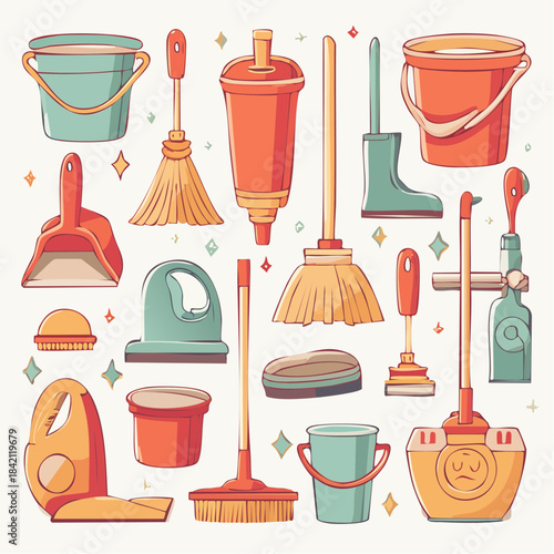 Cheerful cartoon vector illustration of diverse household cleaning equipment and supplies, perfect for domestic tidying and hygiene concepts