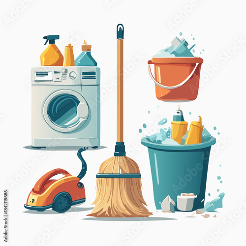 Collection of household cleaning supplies and equipment including a washing machine, vacuum cleaner, broom, and buckets, illustrating tidiness and home upkeep