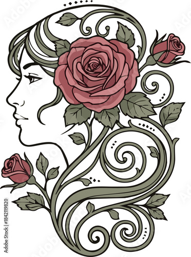 A serene woman's profile surrounded by roses and vines in an elegant illustration.