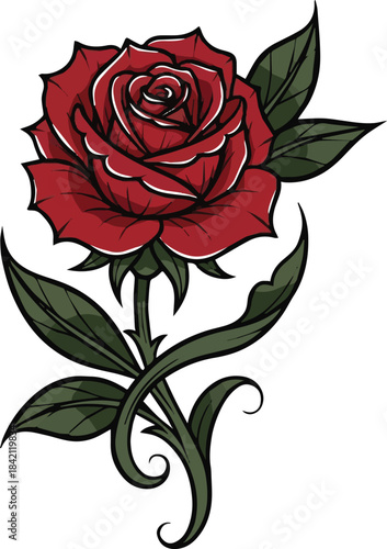 A red rose with green leaves and a twisted stem, illustrated in a graphic style, viewed from the front