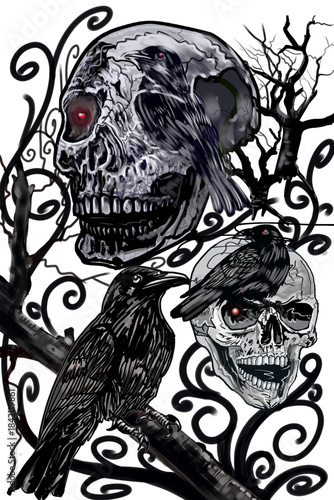 Skulls, bones, and birds of death in rock style.