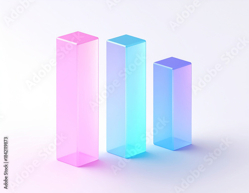 Wallpaper Mural Minimalist 3D Data Analytics Icon with three translucent vertical prisms in pink, cyan, and blue-purple hues—set on matte glass with a glowing, futuristic aesthetic. Torontodigital.ca