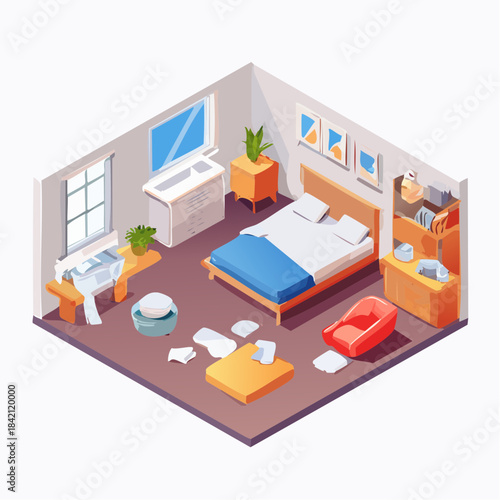 Isometric view of a messy bedroom with a unmade bed, clothes scattered on the floor, and a red armchair