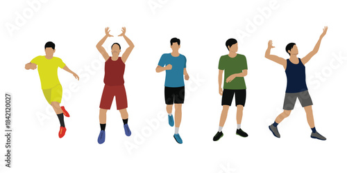 A man engaging in sports hobbies in positions of kicking, throwing, running, and resting. For posters or CAD drawing. Vector illustration
