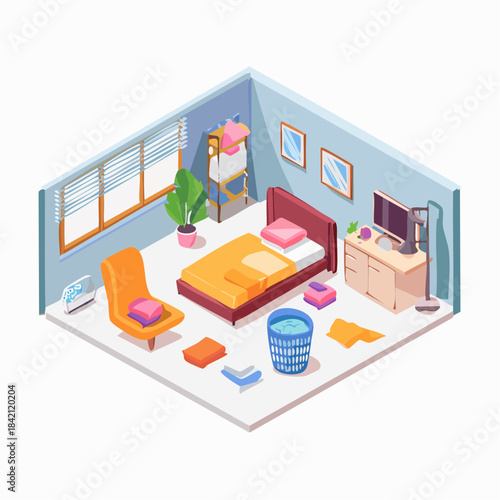 Cozy and cluttered isometric bedroom interior design with a bed, chair, desk, and window