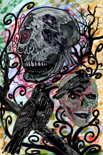 Skulls, bones, and birds of death in rock style.