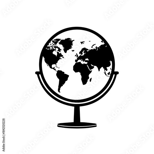 Globe illustration on a stand showcasing world map from a frontal viewpoint in a simple graphic style