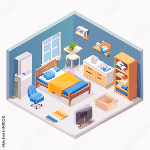 Cozy Isometric Bedroom Interior Design with Furniture and Decor Elements in a Modern Style