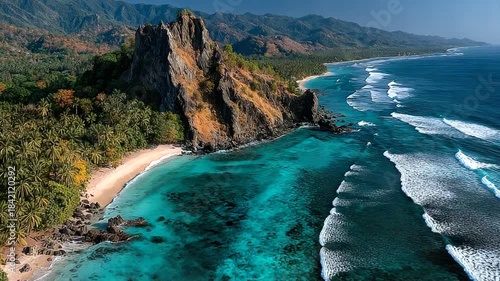 Aerial View of Tropical Beach and Rocky Coastline