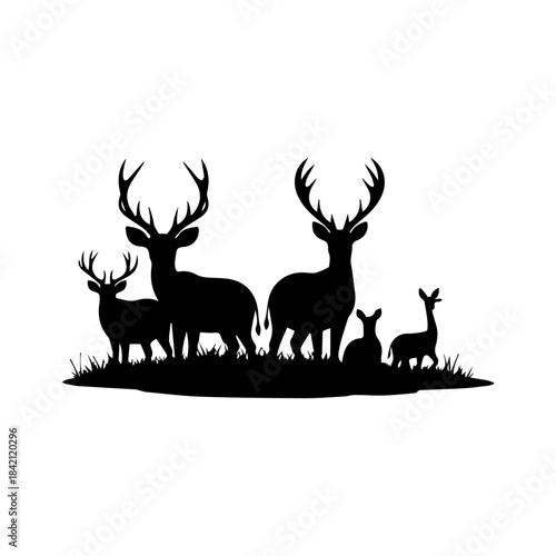 Group of deer standing together in a grassy field viewed from the side