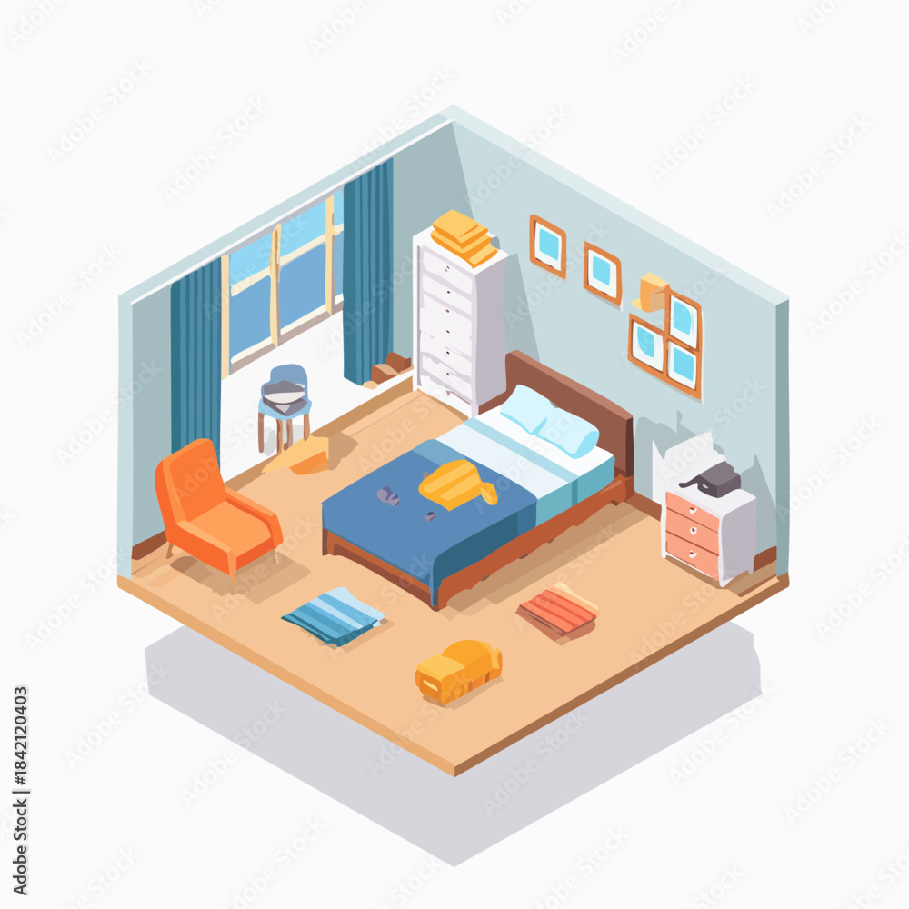 Obraz premium Modern isometric bedroom interior showcasing a cozy, slightly untidy personal space, perfect for illustrating daily life and comfortable living environments with a warm atmosphere