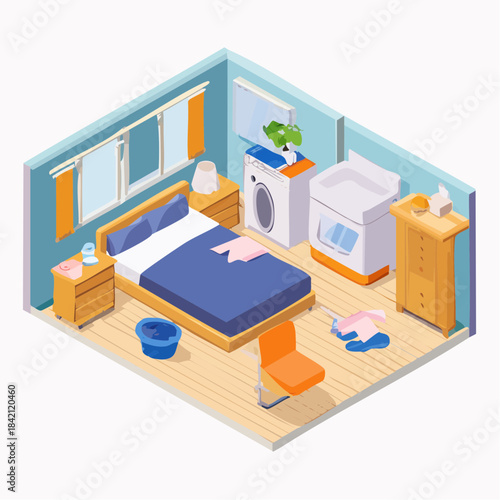 Isometric vector graphic of a bedroom and laundry room combo, featuring a bed, washing machine, dryer, clothes, depicting household chores and a functional living space