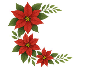 Poinsettia flower christmas decoration corner border with green leaves, festive holiday seasonal design element