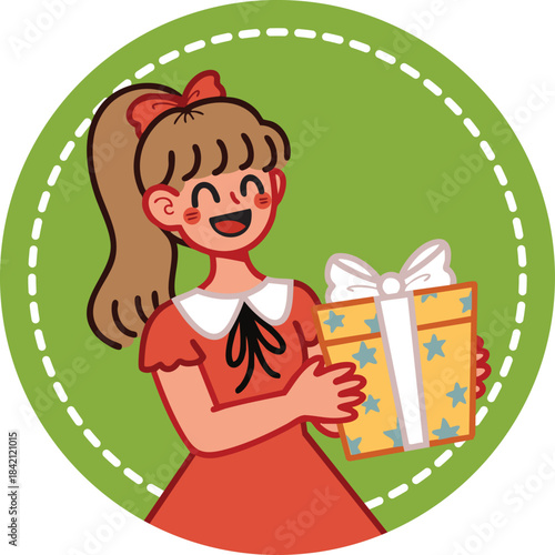 Cute sticker icon of happy girl holding a gift box
