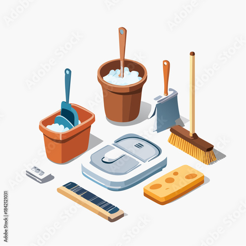 Isometric illustration of diverse household cleaning tools. Features broom, dustpan, bucket, brushes, sponge, and robotic vacuum cleaner for domestic hygiene and tidiness