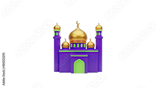 Golden Dome Mosque With Purple Walls And Green Accents And Minarets On A Transparent Background Rendered In 3D